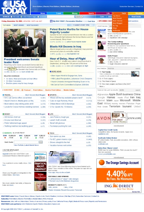 USA Today online uses many interactive tools. The layout is updated, improved and changed after certain periods. This one is from 2006.  to time 